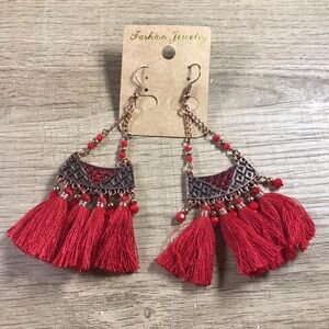 Bohemian Chain Triangular Rhinestone Beaded Red Tassel Dangle Earrings
